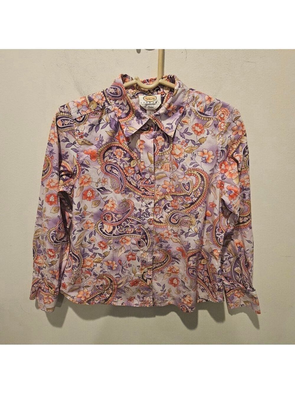 Women's Talbots Petite S Purple Orange Floral Paisley Button Down Shirt